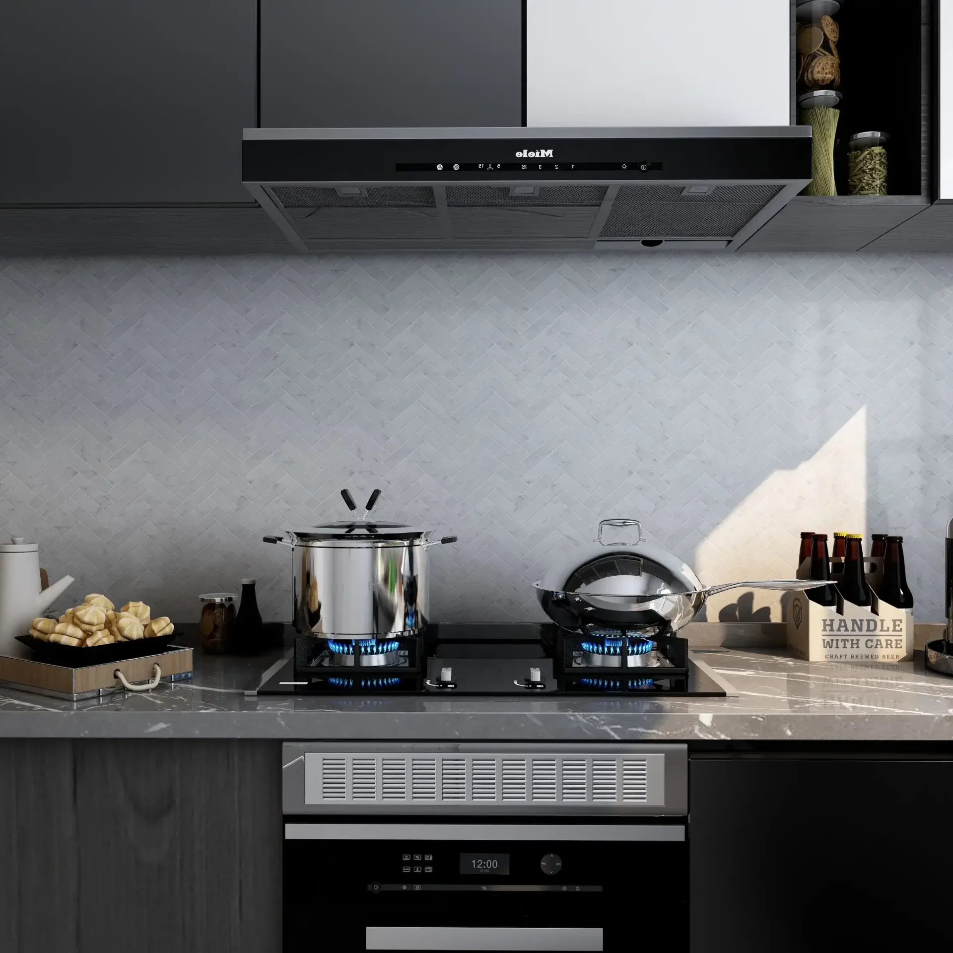 Image of kitchen backsplash featuring 1x4 polished marble Herringbone mosaic tile