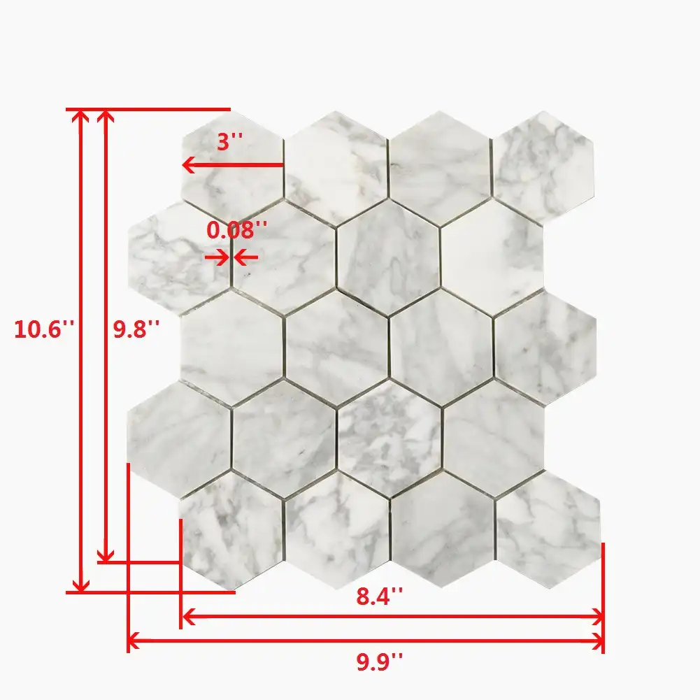 Length and width measurement of 3x3 Marble Polished Hexagon Mosaic Tile