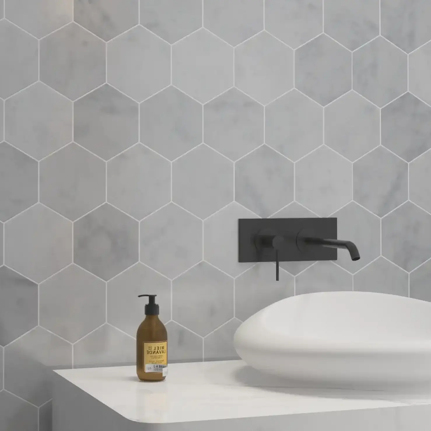Bathroom sink backsplash with installed 5x5 Marble Polished Hexagon Mosaic Tile