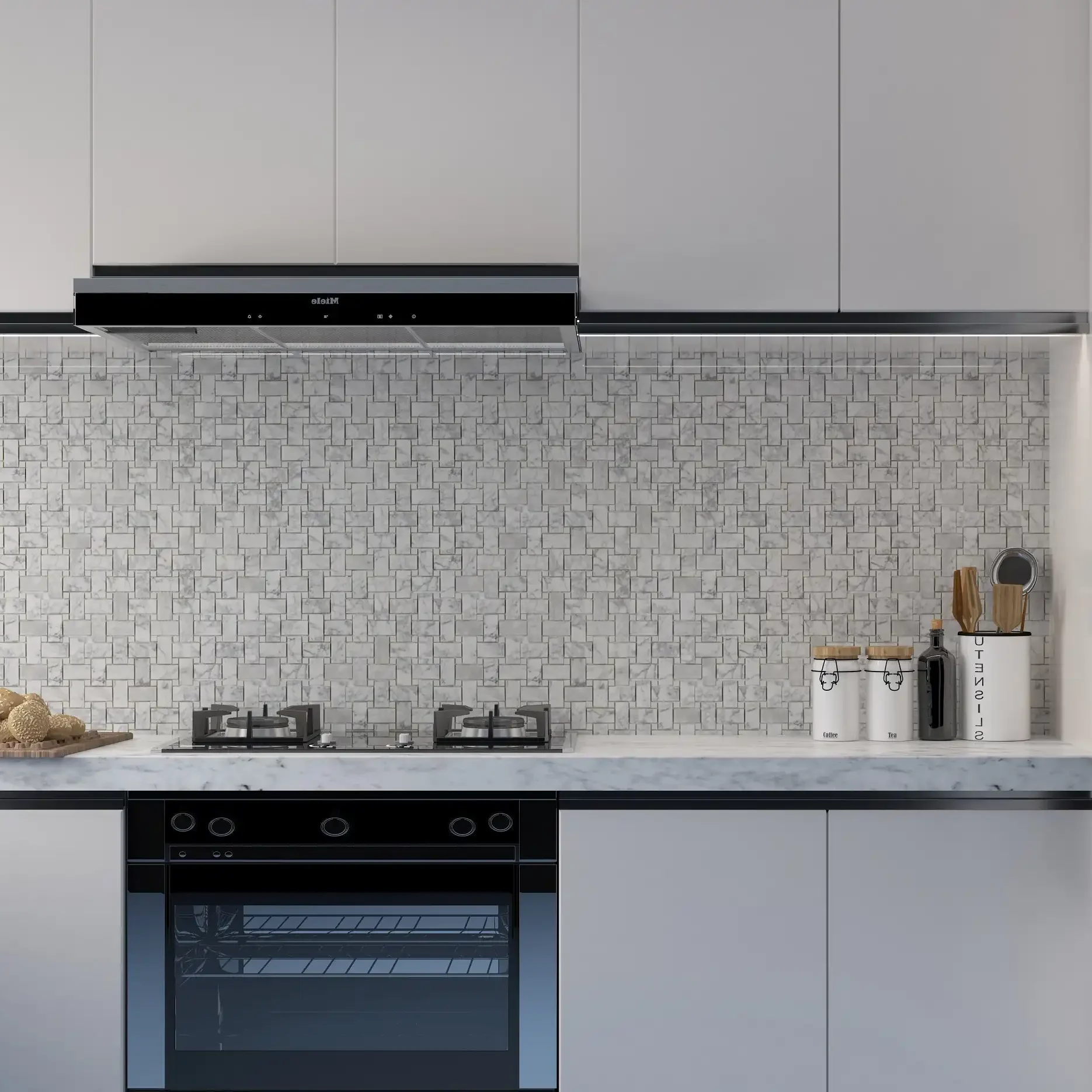 Image of kitchen backsplash featuring Polished Marble Basketweave Mosaic Tile with White Thassos