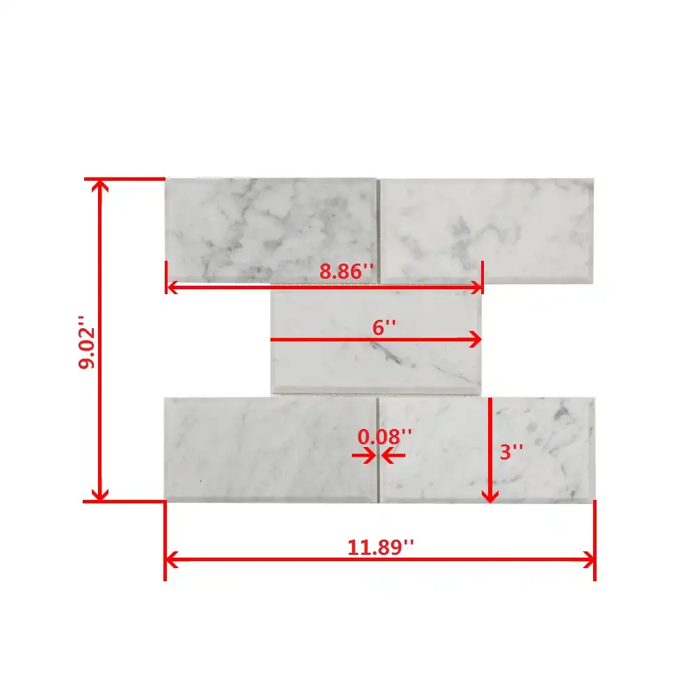 Measure of thickness in 3x6 Marble Polished Offset Beveled Mosaic Tile