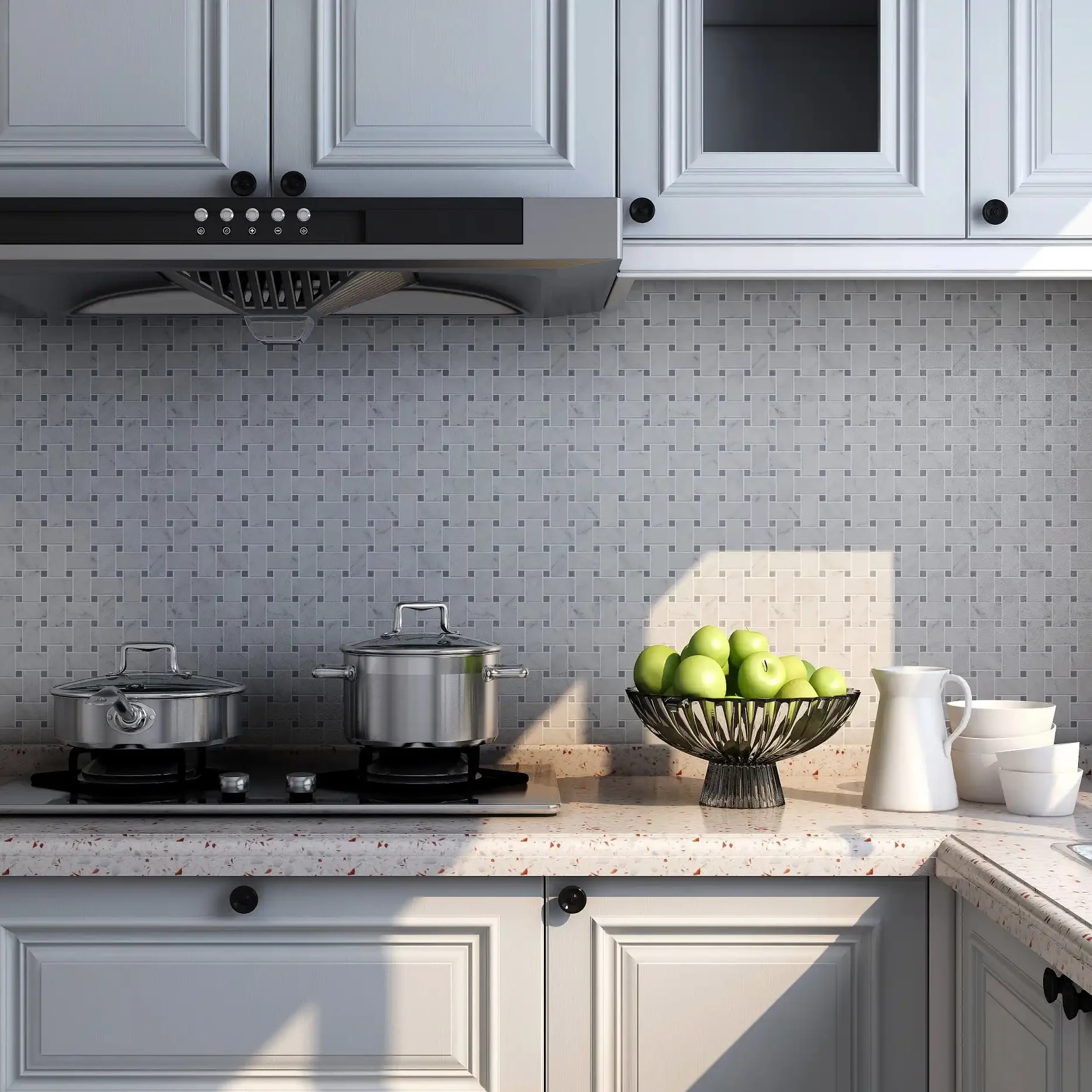 Image of kitchen backsplash featuring Polished Marble Basketweave Mosaic Tile with Bardiglio Grey Dots