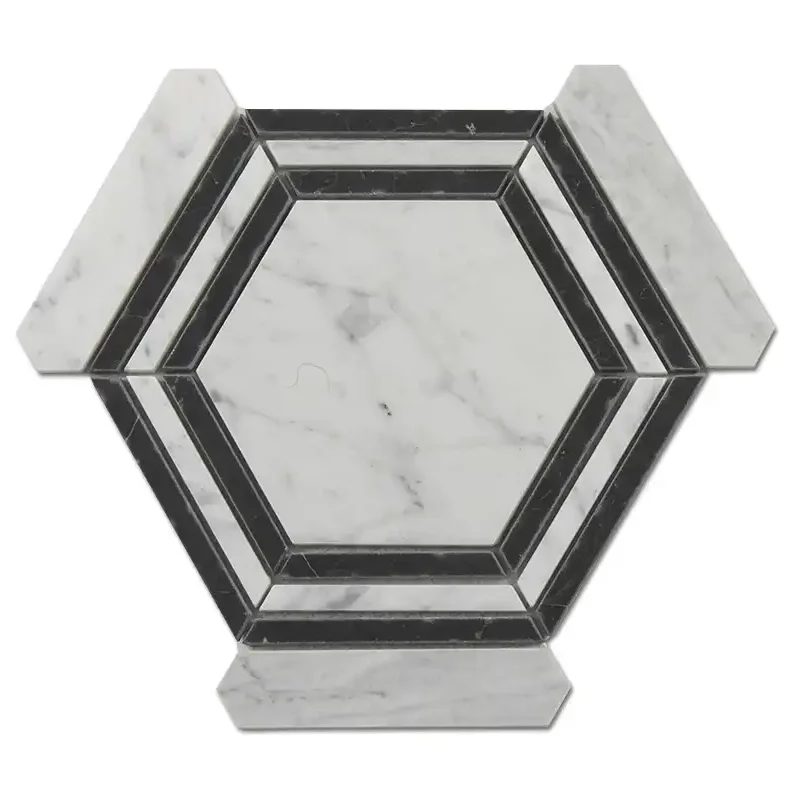 Bianco Carrara 5x5 Hexagon Black Polished Marble, part of Carrara Series