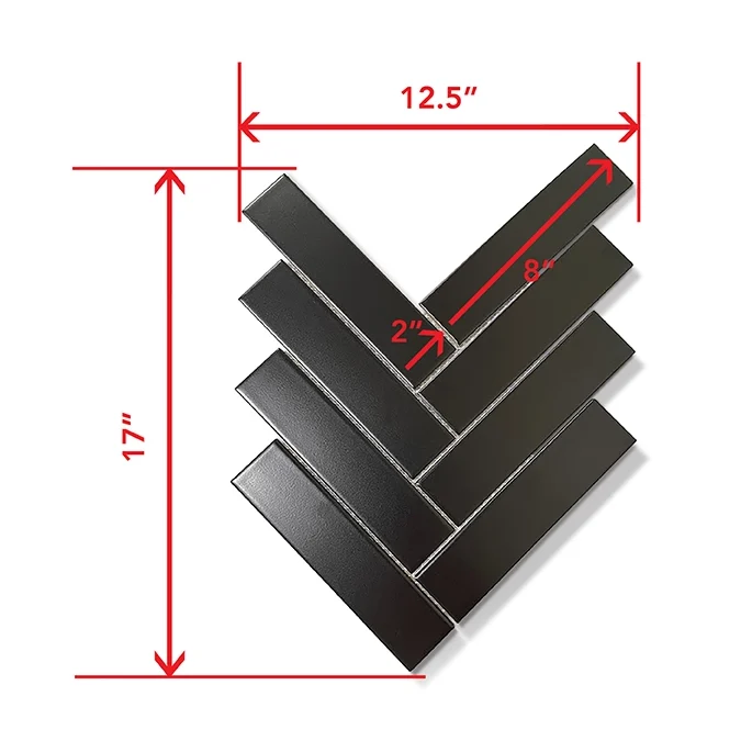 Dimensions of 2x8 Herringbone Mosaic Tile in Black Matte Color