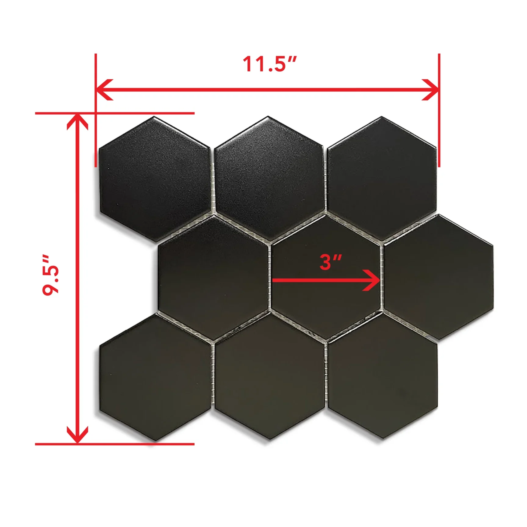 Dimensions of 3x3 Hexagon Mosaic Tile in Black Matte Color