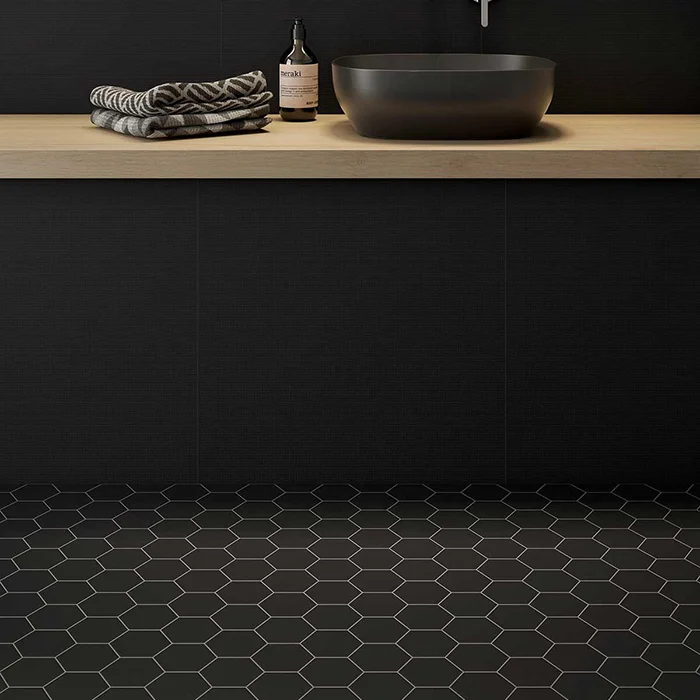 Installed Black Matte3x3 Hexagon Mosaic Tile on bathroom floor