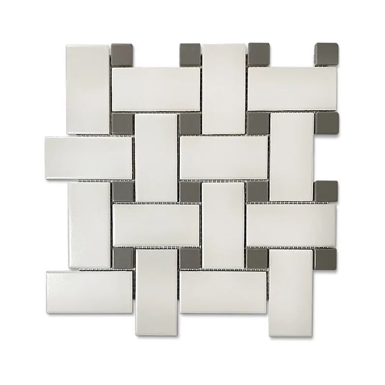 2x4 Porcelain Basketweave Mosaic Tile in White and Grey Matte Color