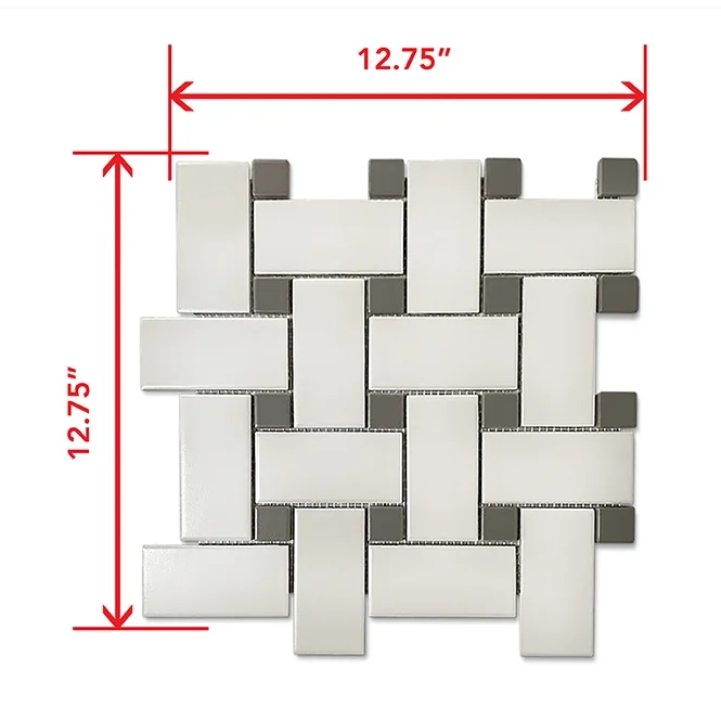 Dimensions of 2x4 Porcelain Basketweave Mosaic Tile in White and Grey Matte Color