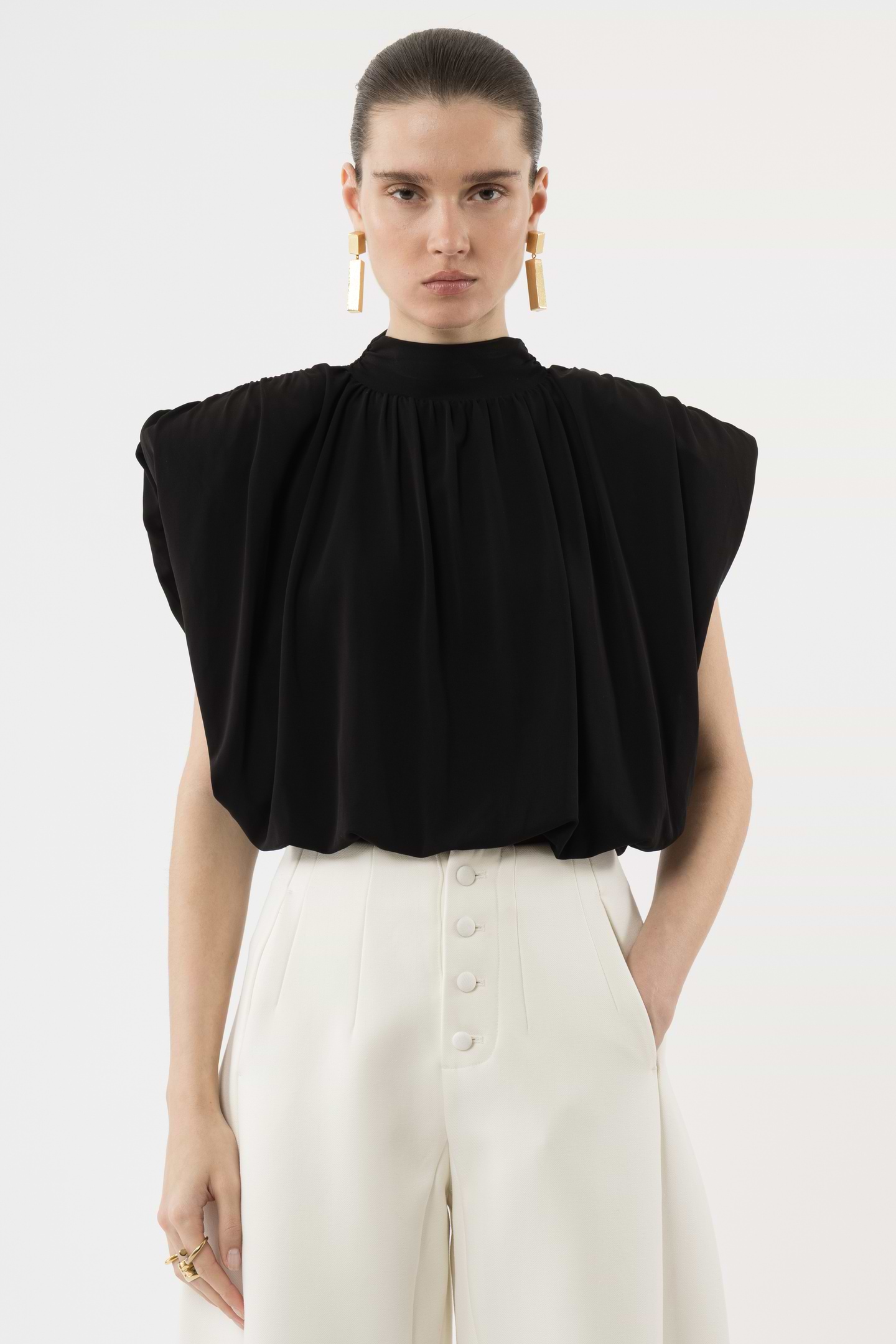 ESMOK balloon tops black Smocked Balloon-Sleeve Top - Black