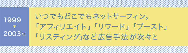 1999～2003年　いつでもどこでもネットサーフィン。「アフィリエイト」「リワード」「ブースト」「リスティング」など広告手法が次々と