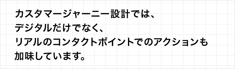 カスタマージャーニー設計では、デジタルだけでなく、リアルのコンタクトポイントでのアクションも加味しています。