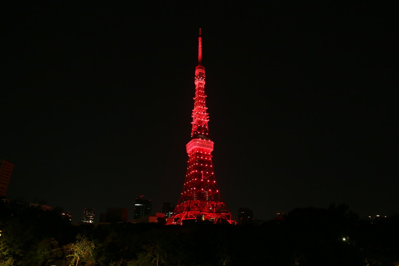 その後じわじわとスポット状のライト「ダイヤモンドヴェール」も赤色に点灯、東京タワーがジャックされた