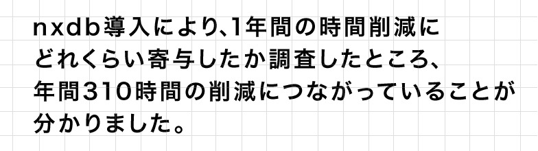 nxdb導入により、1年間の時間削減にどれくらい寄与したか調査したところ、年間310時間の削減につながっていることが分かりました。