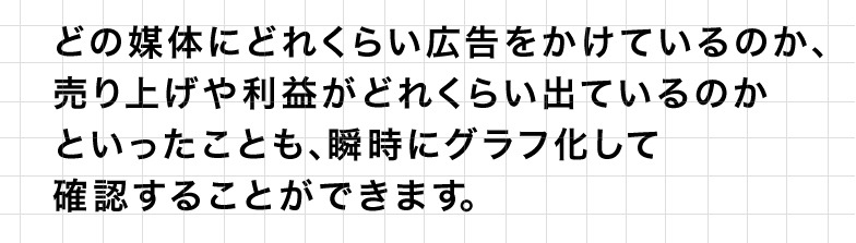 どの媒体にどれくらい広告をかけているのか、売り上げや利益がどれくらい出ているのかといったことも、瞬時にグラフ化して確認することができます。