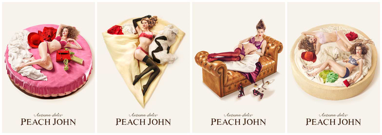 「PEACH JOHN」秋の広告。「AUTUMN DOLCE」をテーマにPEACH JOHNの下着を身に着けて、部屋でくつろぐ女性を12個のドルチェに見立てて表現している。