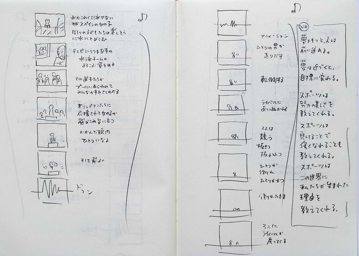 髙崎氏はいつもノートを持ち歩き、アイデアなどを書きとめていく。その数すでに数十冊。その中に2020年東京オリンピック・パラリンピック招致活動映像の絵コンテも。最終プレゼンで映像となって多くの人の感動と共感を呼んだ。