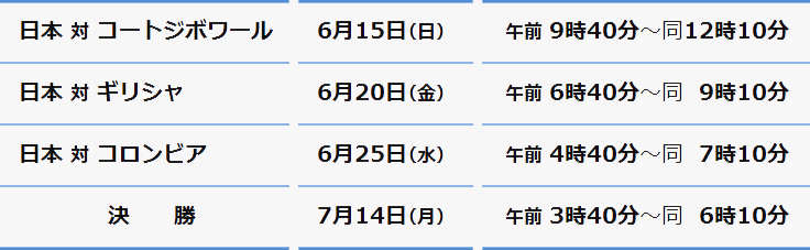 日本 コートジボワール_6月15日（日）_午前 9時40分～同12時10分/ 日本対ギリシャ_6月20日（金）_午前 6時40分～同 9時10分/ 日本対コロンビア_6月25日（水）_午前 4時40分～同 7時10分/ 決勝_7月14日（月）_午前 3時40分～同 6時10分