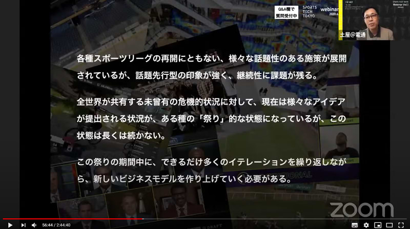 ウェビナーで、観戦体験を拡張するあらゆるアイデア・試みが世界中で実施されている状況を「ある種の祭り」と表現した土屋氏。この中から持続可能なビジネスモデルが確立されていく必要がある。