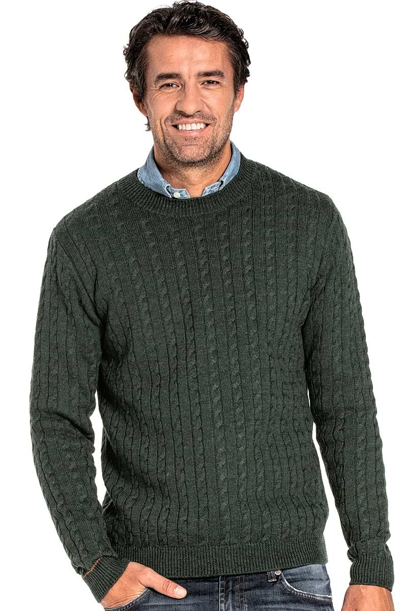 Cable knit sweater for men made of Merino wool in Dark green