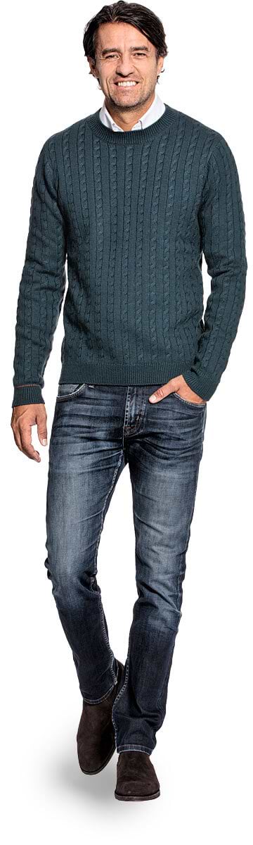 Cable knit sweater for men made of Merino wool in Blue green