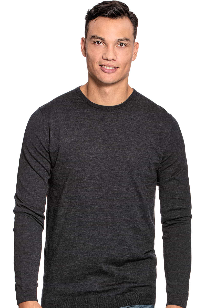 Extra long crew neck sweater for men made of Merino wool in Dark grey