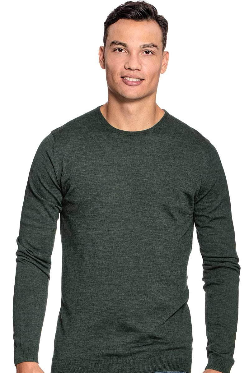 Extra long crew neck sweater for men made of Merino wool in Dark green