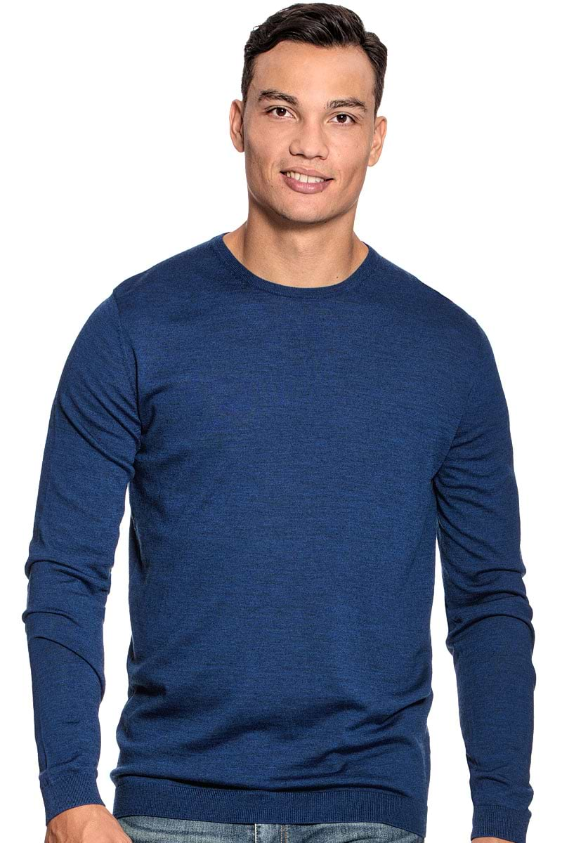 Extra long crew neck sweater for men made of Merino wool in Blue