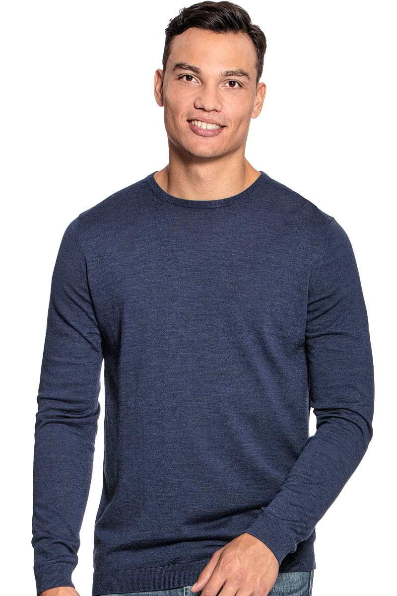 Extra long crew neck sweater for men made of Merino wool in Blue