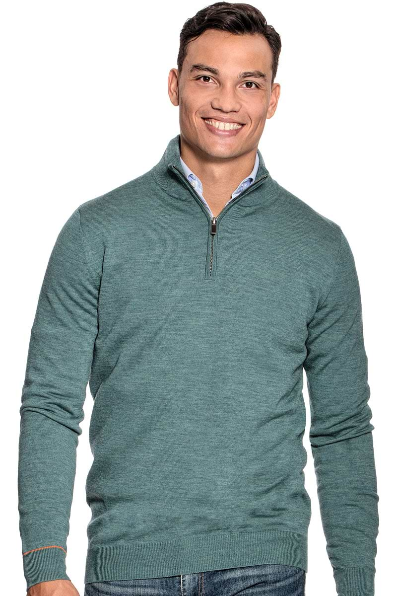 Extra long half zip sweater for men made of Merino wool in Light green