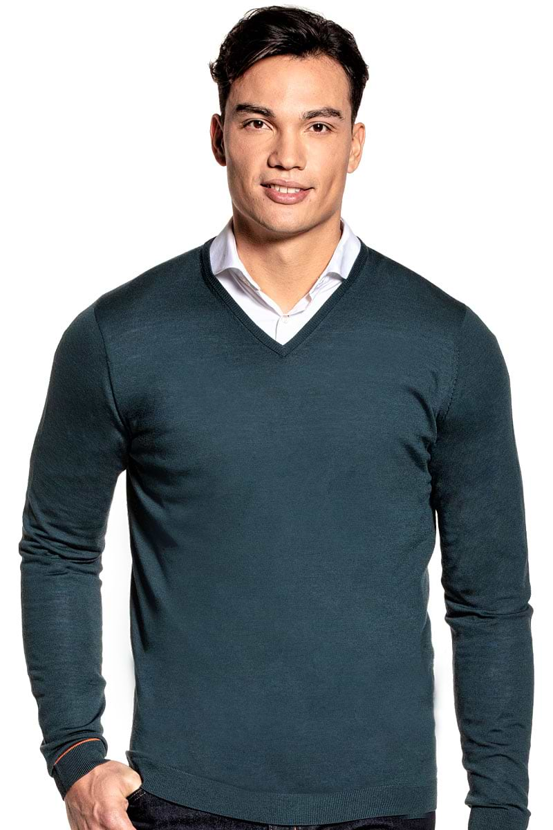 Extra long V Neck sweater for men made of Merino wool in Blue green