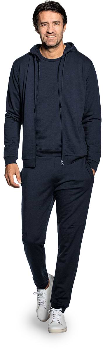 Hoodie with zipper for men made of Merino wool in Dark blue