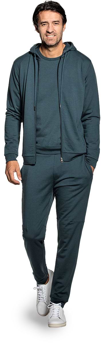 Hoodie with zipper for men made of Merino wool in Blue green