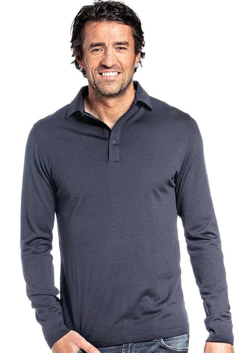 Shirt Polo Long Sleeve voor mannen gemaakt van merinowol in het Grijsblauw