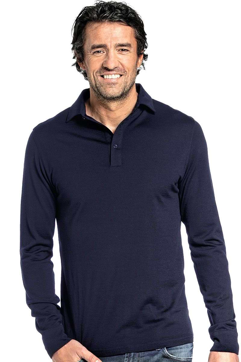 Shirt Polo Long Sleeve voor mannen gemaakt van merinowol in het Donkerblauw