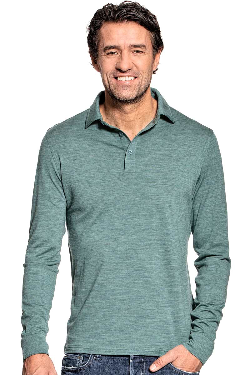 Shirt Polo Long Sleeve voor mannen gemaakt van merinowol in het Lichtgroen