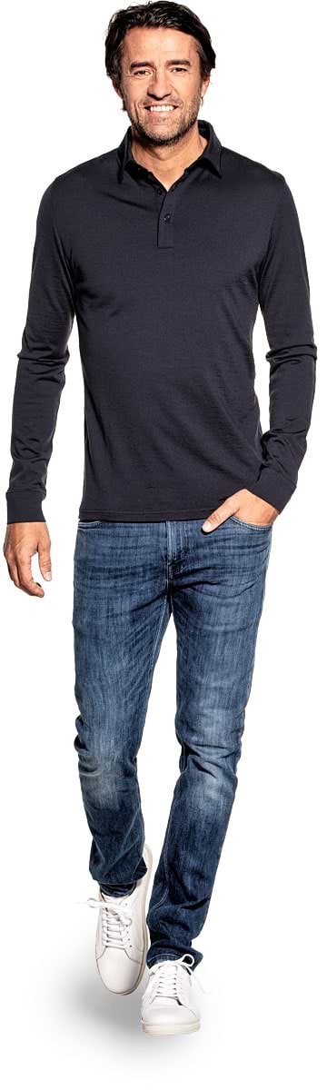 Shirt Polo Long Sleeve voor mannen gemaakt van merinowol in het Donkerblauw