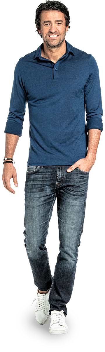 Shirt Polo Long Sleeve voor mannen gemaakt van merinowol in het Helderblauw