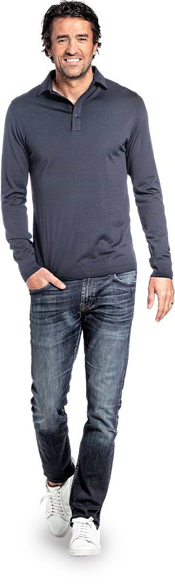 Shirt Polo Long Sleeve voor mannen gemaakt van merinowol in het Grijsblauw