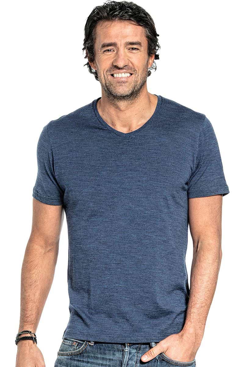Wollshirt mit V-Ausschnitt für Herren aus Merinowolle in Blau
