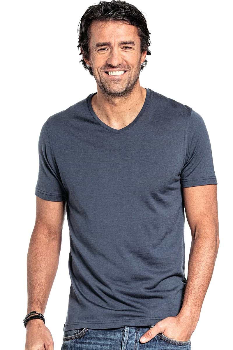 Wollshirt mit V-Ausschnitt für Herren aus Merinowolle in Graublau