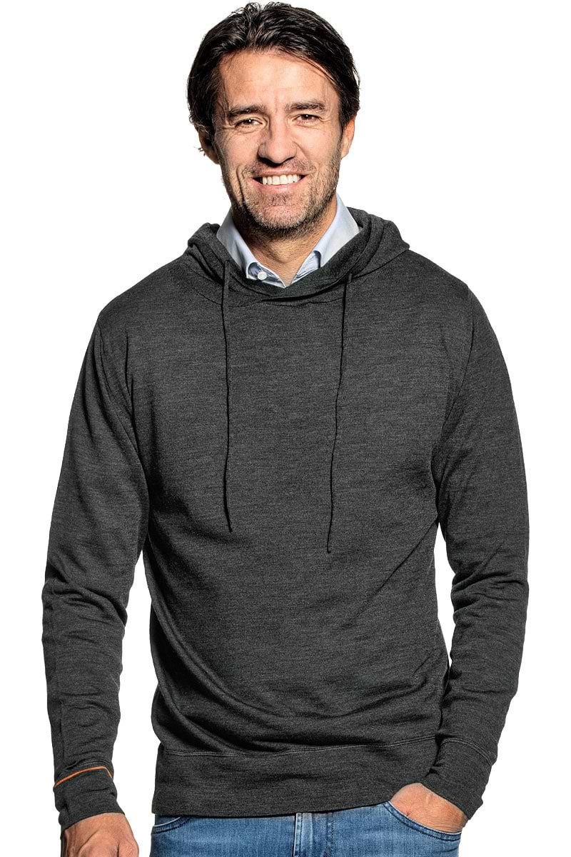 Sweater with hoodie for men made of Merino wool in Dark grey