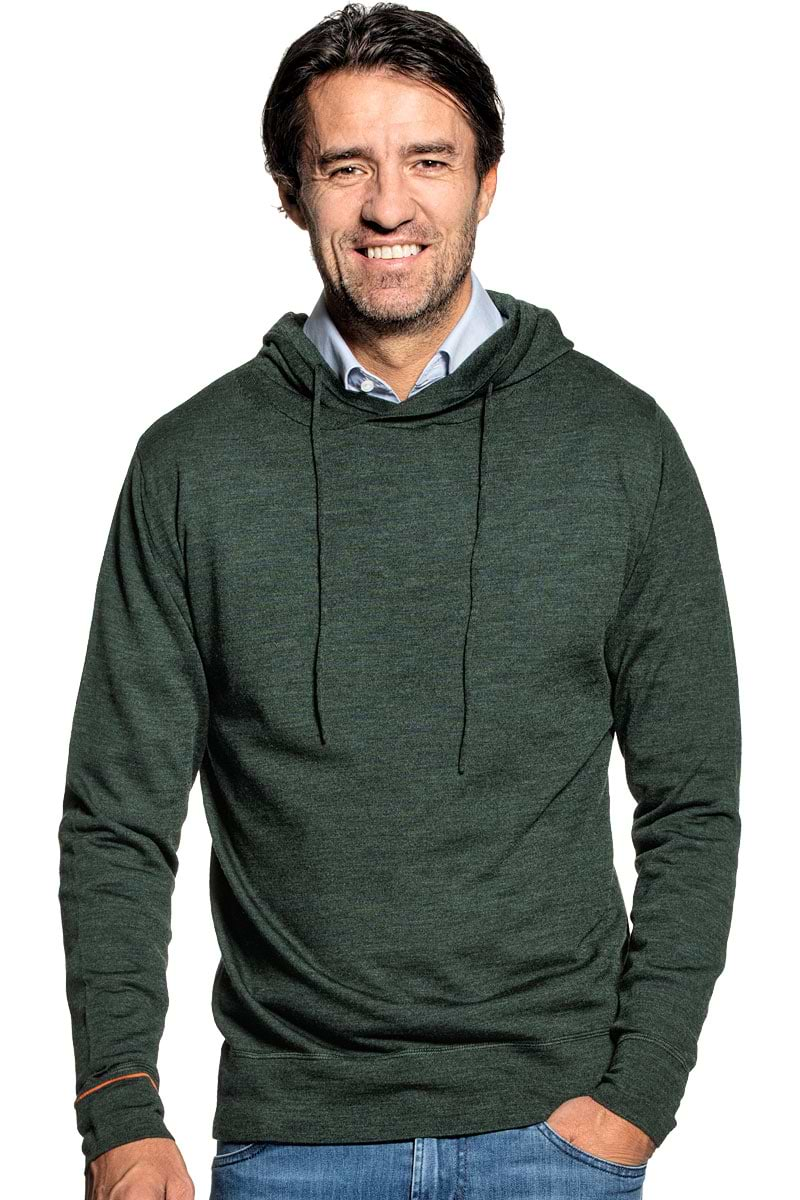 Sweater with hoodie for men made of Merino wool in Dark green