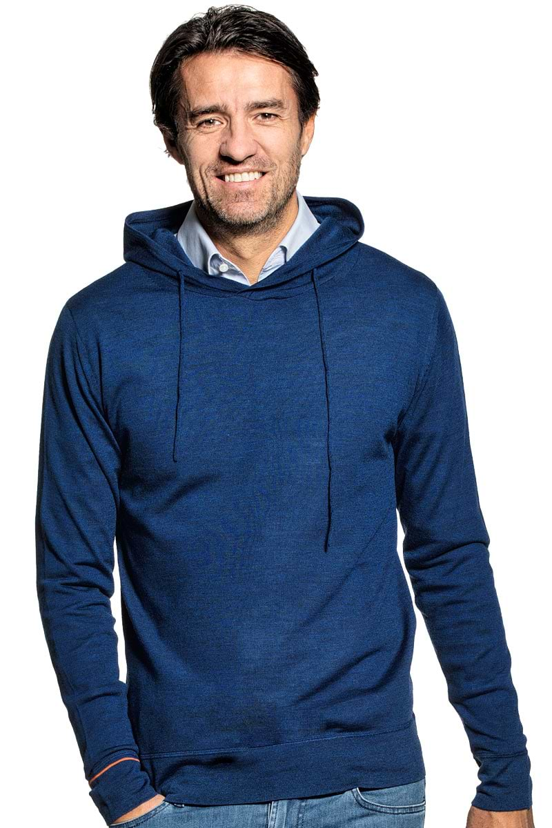 Sweater with hoodie for men made of Merino wool in Blue