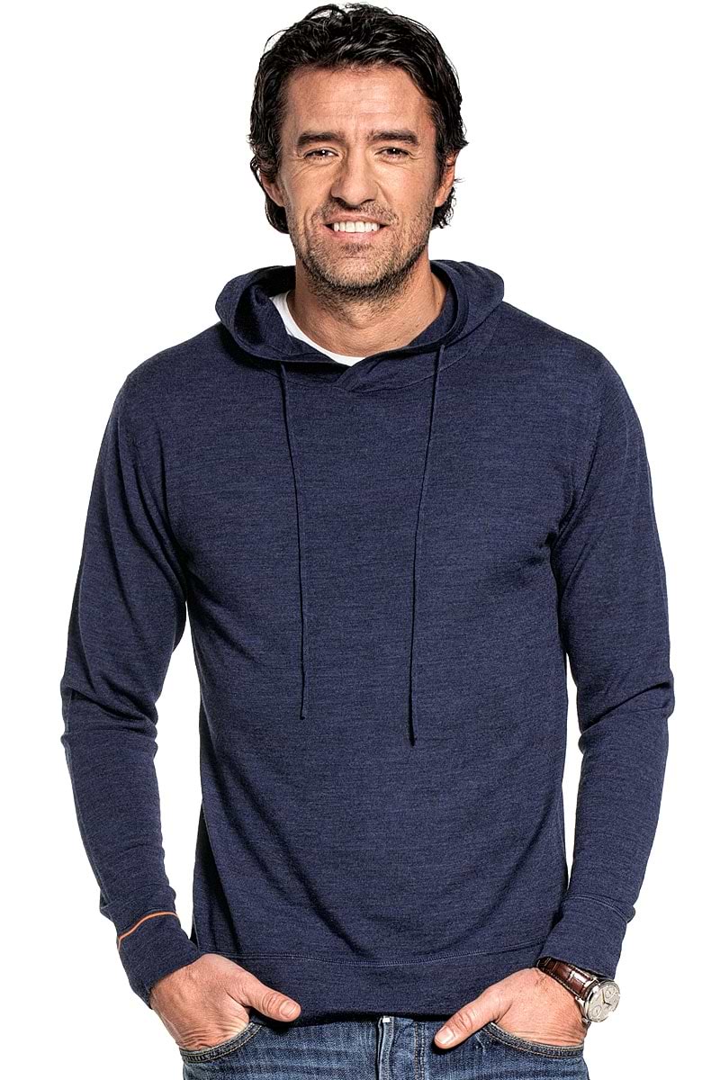 Sweater with hoodie for men made of Merino wool in Blue