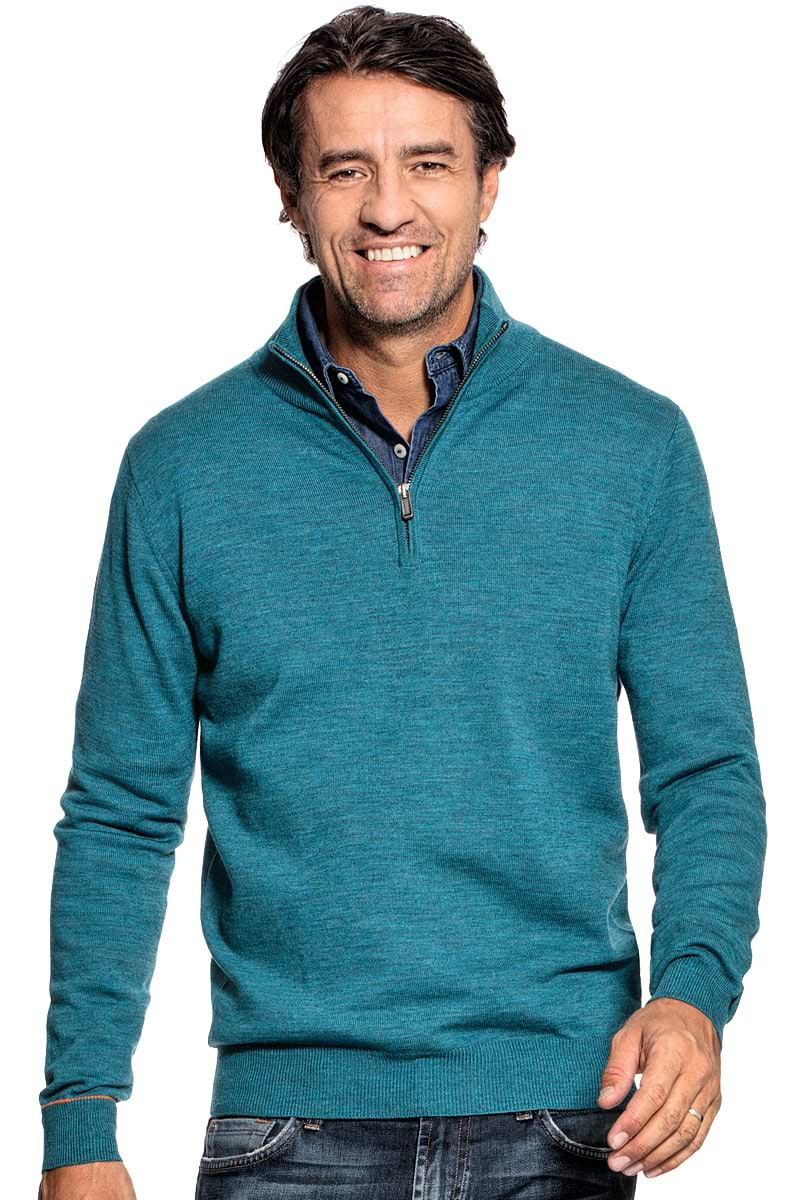 Half zip sweater for men made of Merino wool in Blue green