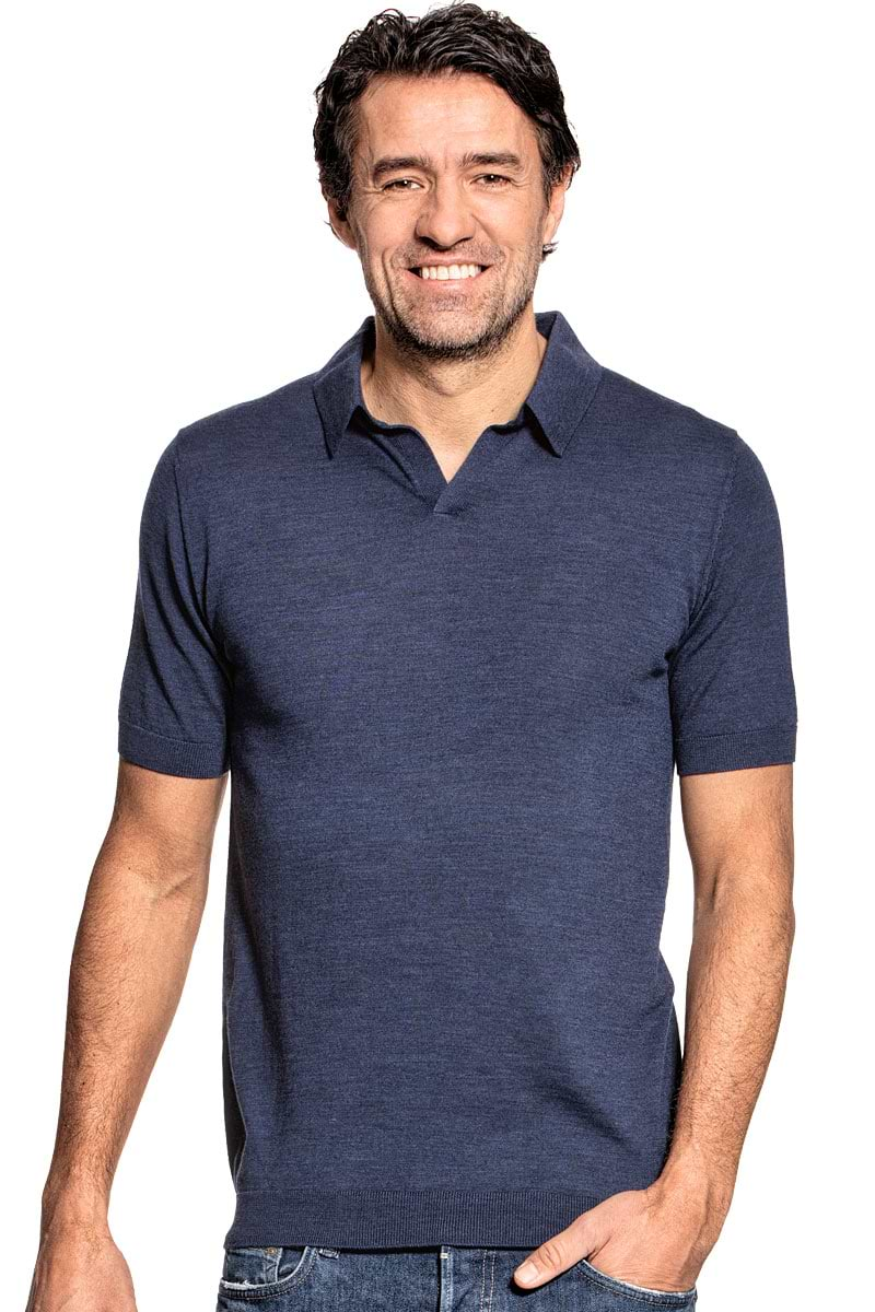 Polo without buttons for men made of Merino wool in Blue