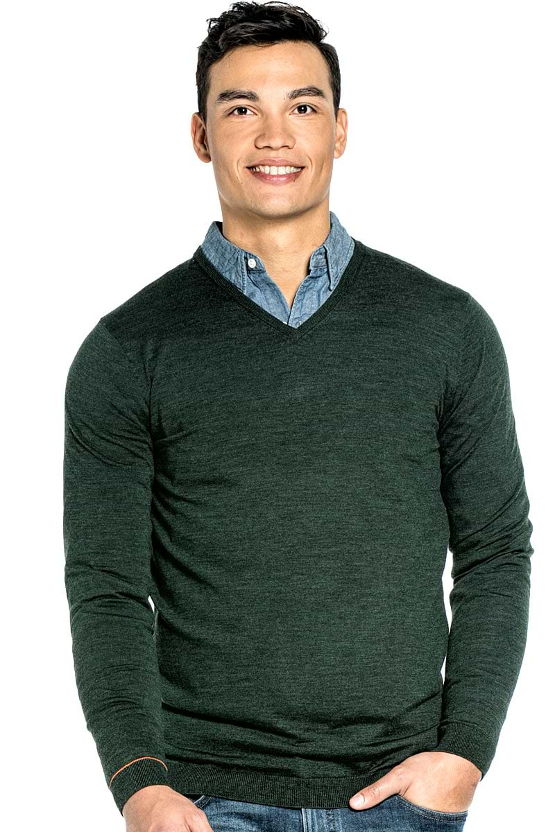 Extra long V Neck sweater for men made of Merino wool in Dark green