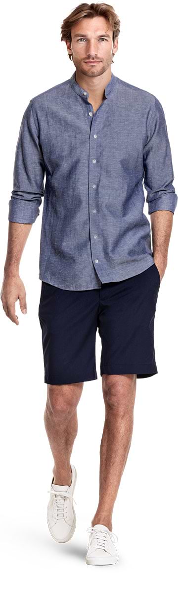 Wool Linen Shirt Mandarin Collar Navy Blue