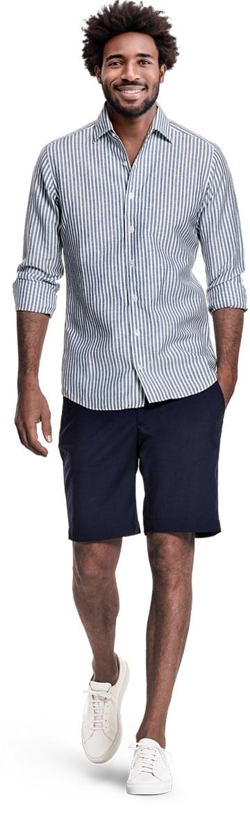 Wool Linen Shirt Stripe Navy Blue